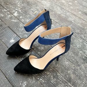 BCBGeneration Blue and Black Pointed Toe Suede Heels with Ankle Strap Size 7